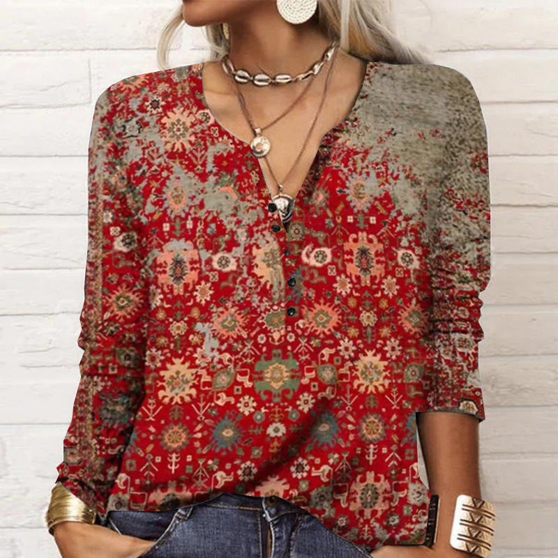 Damen Lockeres Langarm‑Henleyshirt mit V‑Ausschnitt, Knopfleiste und Ombre‑Print – Avérine