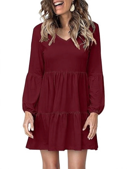 Damen Stufiges Mini-Kleid mit V-Ausschnitt und Ballonärmeln – Élara