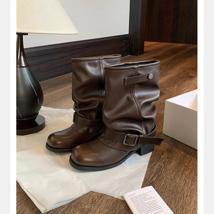 Damen Mid-Calf Bikerstiefel aus Glattleder mit verstellbarem Schnallenriemen Echo Archiv