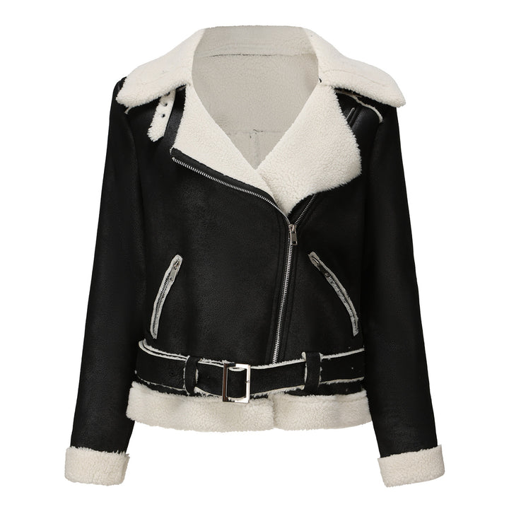Damen nan taillierte Lammfellimitat-Fliegerjacke mit Gürtel und Teddyfutter Echo Archiv