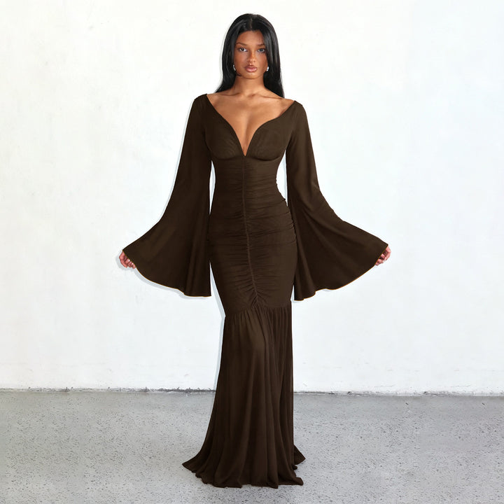 Damen nan gerafftes Maxikleid mit V-Ausschnitt, Trompetenärmeln und Stufenrüsche Echo Archiv