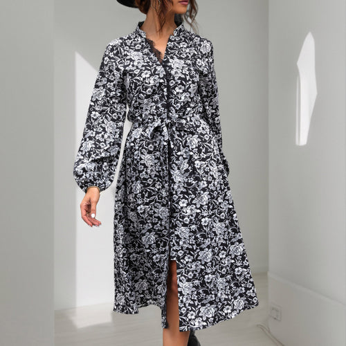 Damen Midikleid mit Spitzenbesatz am Ausschnitt, verdeckter Knopfleiste, Taillenbindegürtel & floralem Allover-Print Echoarchiv