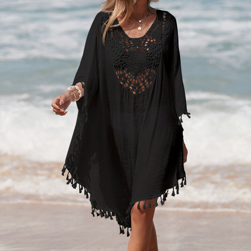 Damen Häkel-Strandüberwurf mit fransigem Saum und elegantem Lochmuster Echo Archiv