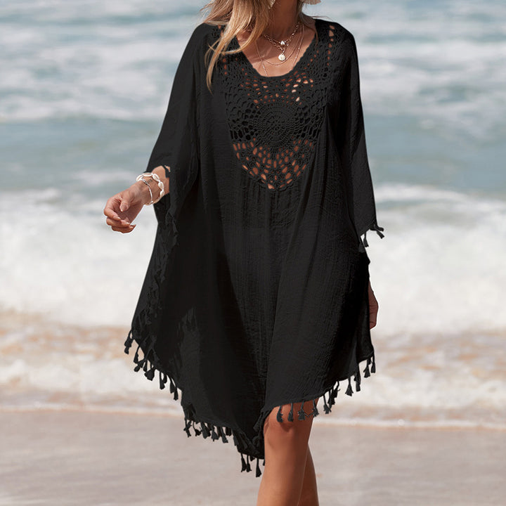 Damen Häkel-Strandüberwurf mit fransigem Saum und elegantem Lochmuster Echo Archiv