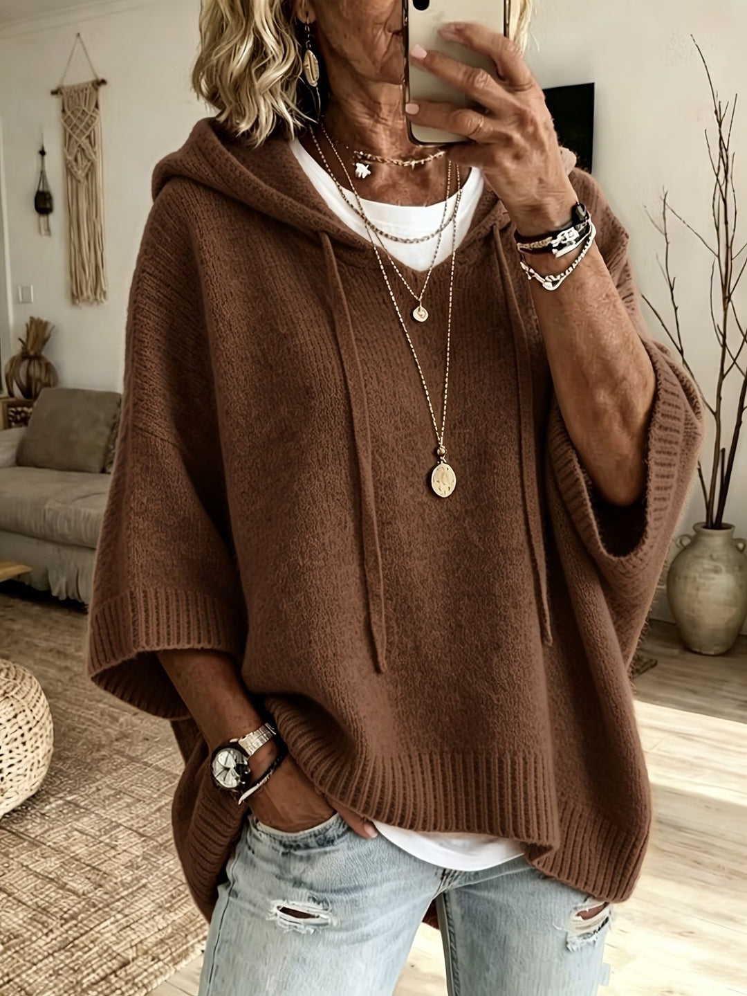 Damen nan Oversize Strickponcho mit Kapuze und kurzen Ärmeln Echo Archiv