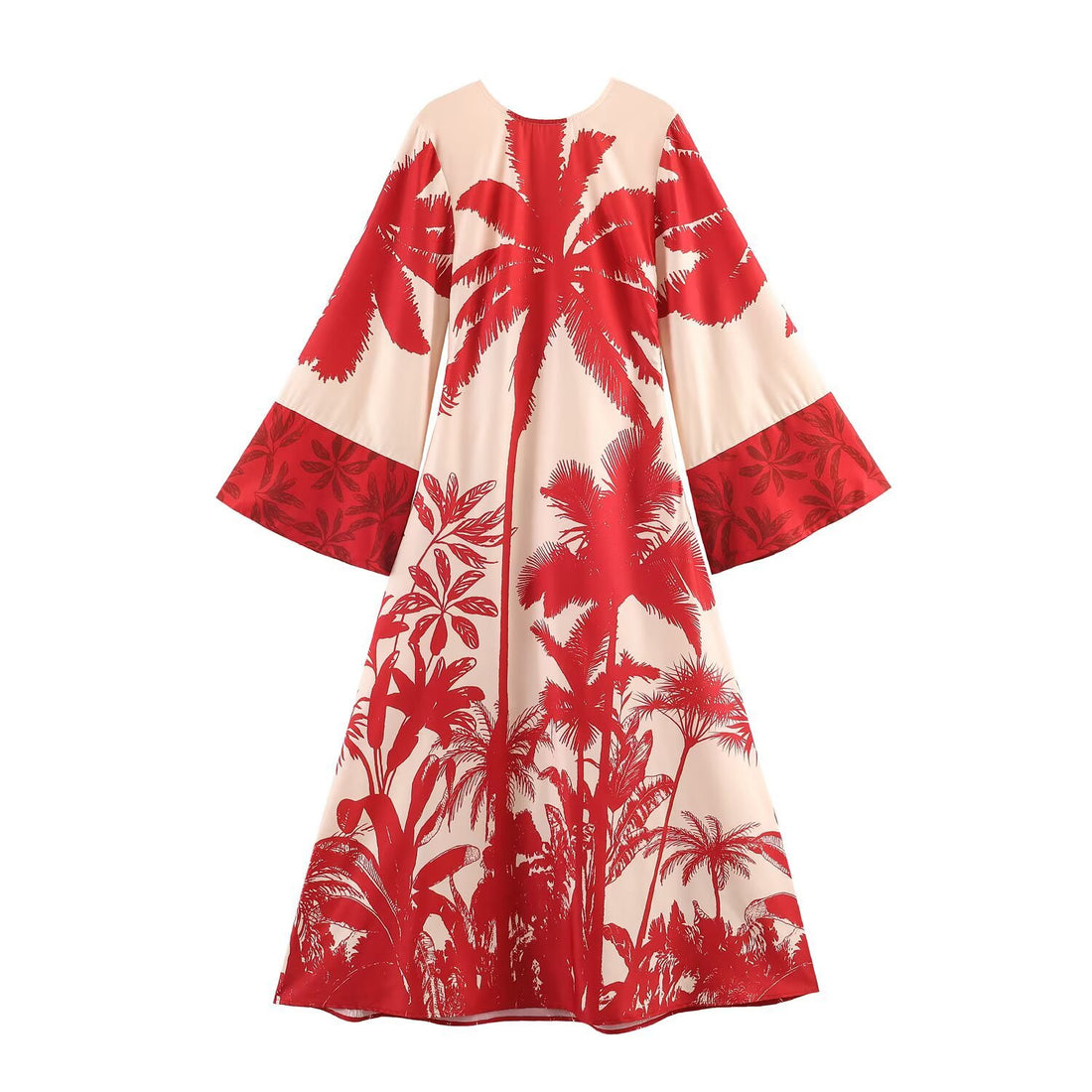 Damen Midikleid im Kimono‑Stil mit weitem Glockenärmel und tropischem Palmendruck Echoarchiv
