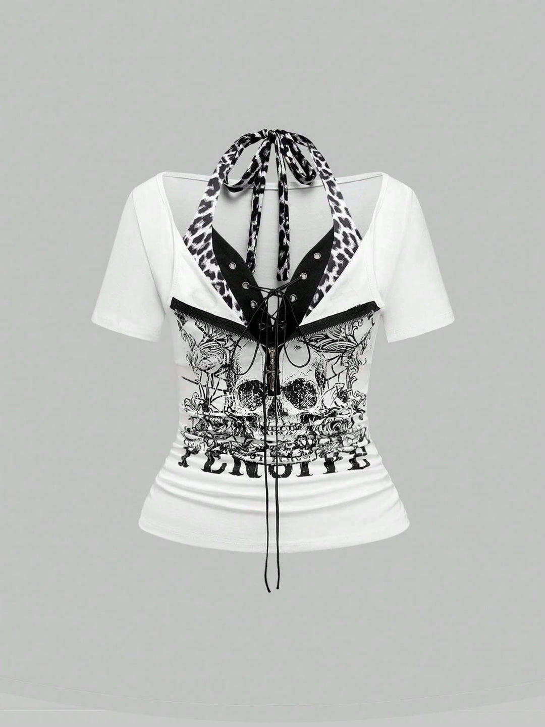 Damen Trendy Crop-Top mit einzigartigem Grafikdruck und Schnürdetails Echo Archiv