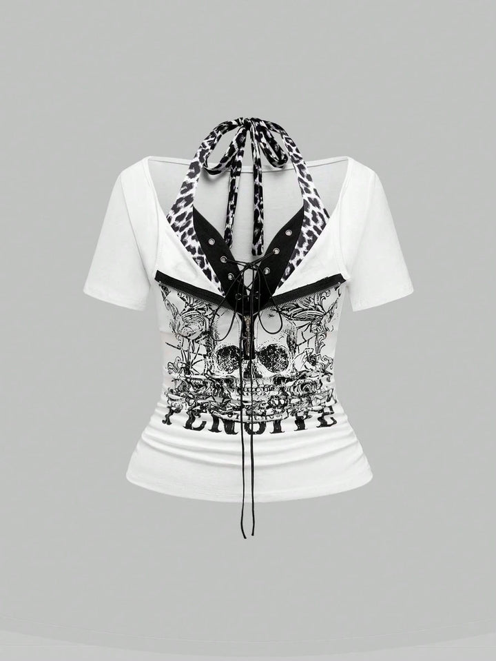 Damen Trendy Crop-Top mit einzigartigem Grafikdruck und Schnürdetails Echo Archiv