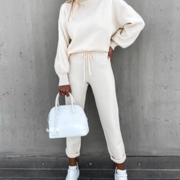 Damen Strick-Loungewear-Set mit Ballonärmeln und taillierter Jogginghose – Mavelle