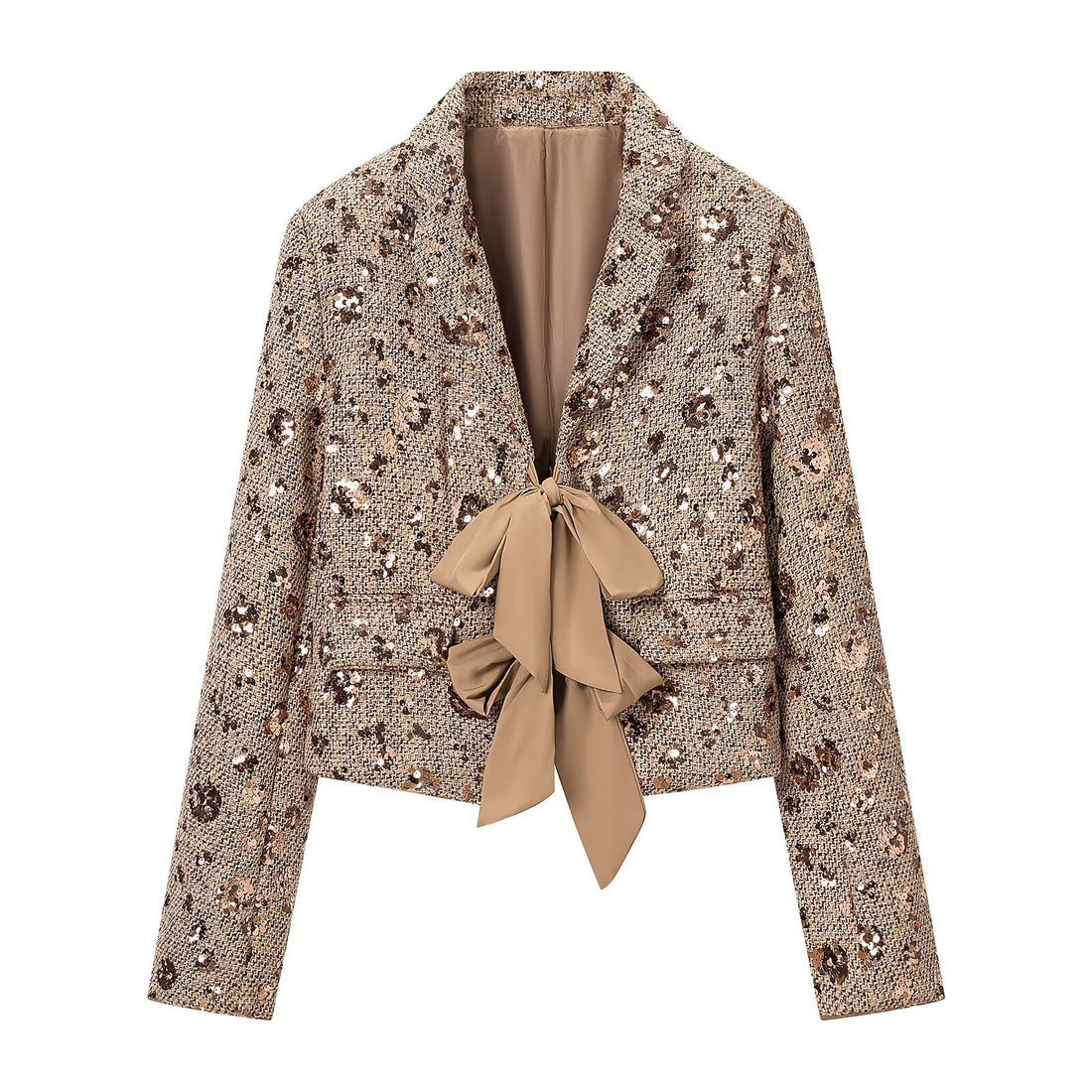 Damen Kurzblazer aus Tweed mit Paillettenbesatz und Schleifenverschluss Echoarchiv
