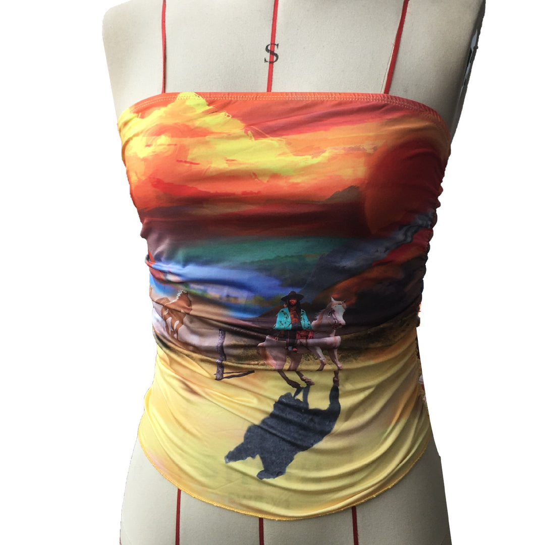 Damen Bandeau-Oberteil mit buntem, künstlerischem Druck und elastischem Material Echo Archiv
