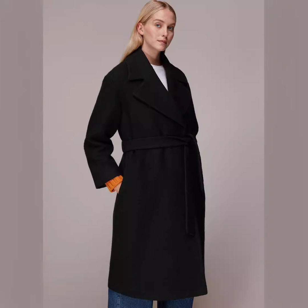 Damen Midilanger Wollmix‑Longmantel mit minimalem Schalkragen und relaxed Silhouette Echoarchiv