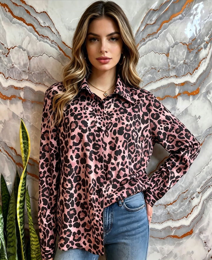 Damen Satin-Leopardenmuster Button-Up Bluse Echoarchiv
