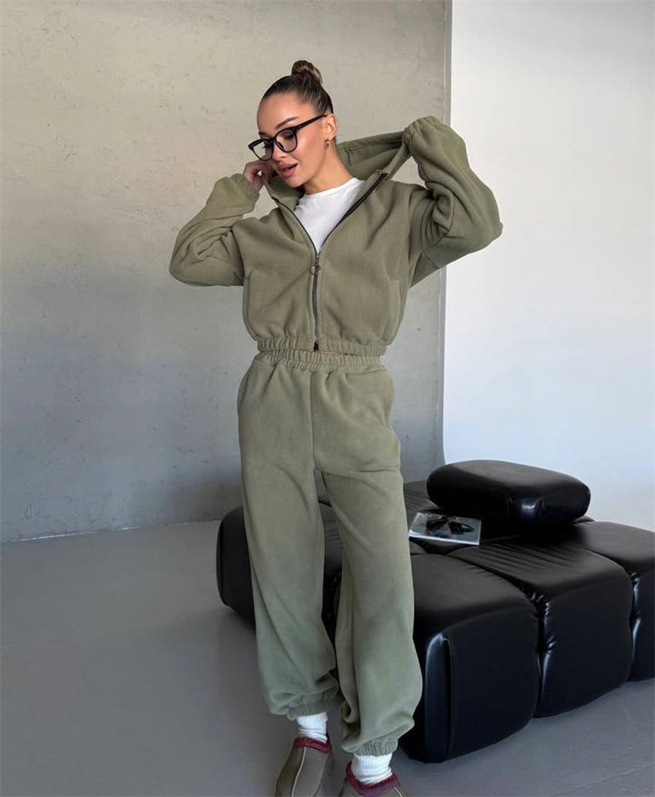 Damen kuscheliges Fleece-Hoodie und Jogginghose Lounge-Set mit Reißverschluss Kapuze elastischem Bund – Auréline