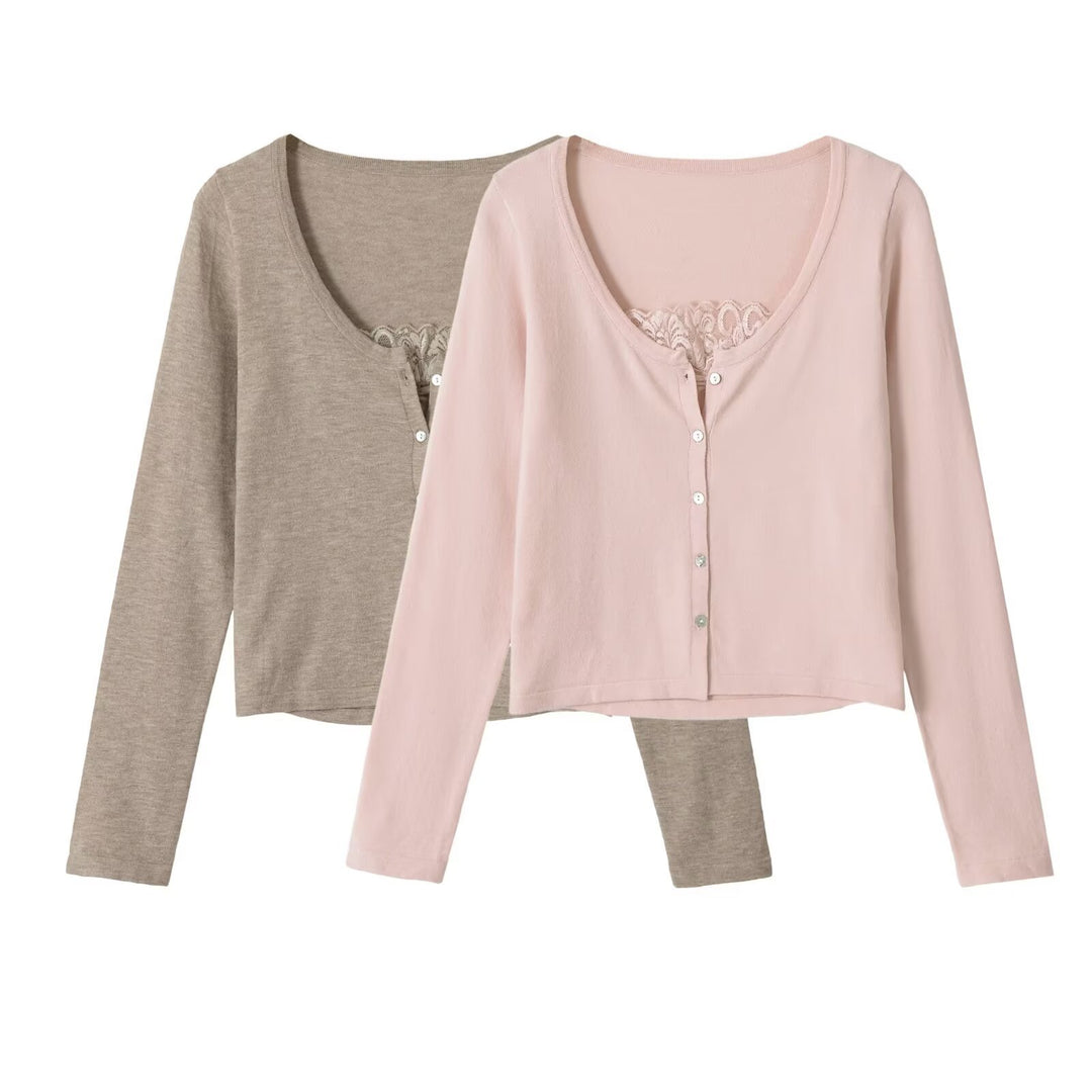 Damen Feine Knopfjacke mit Spitzen-Detail und U-Boot-Ausschnitt Echo Archiv