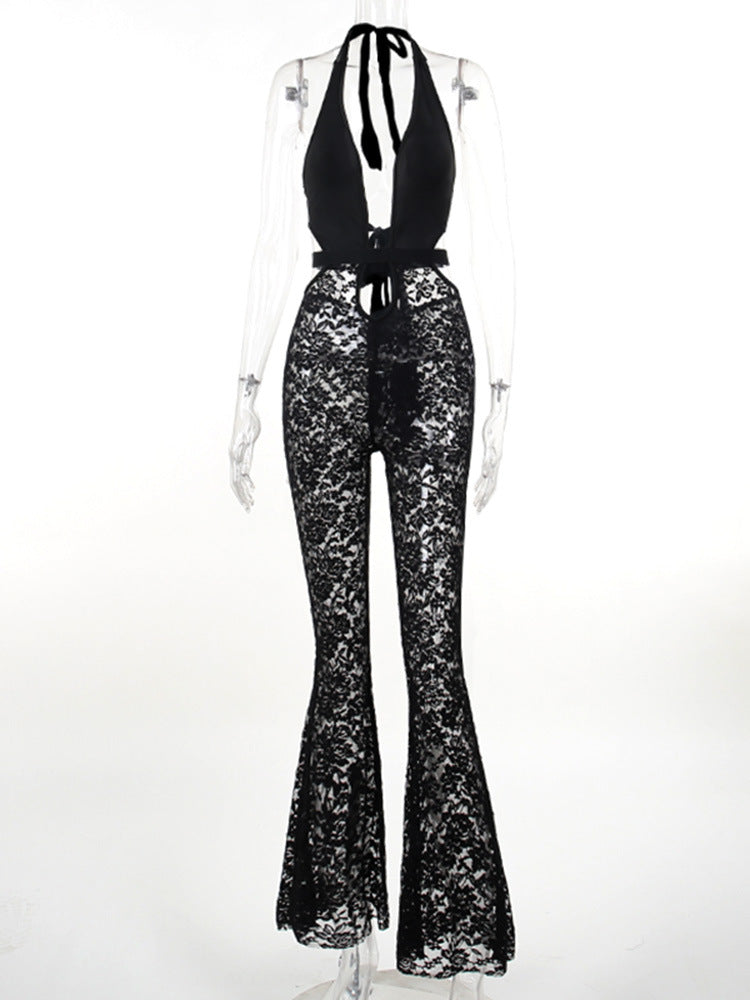 Damen eleganter Spitzen-Jumpsuit mit tiefem V-Ausschnitt und Glockenhosen Echo Archiv