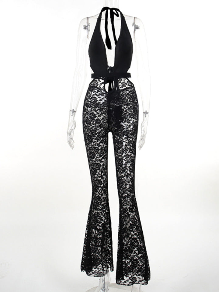 Damen eleganter Spitzen-Jumpsuit mit tiefem V-Ausschnitt und Glockenhosen Echo Archiv