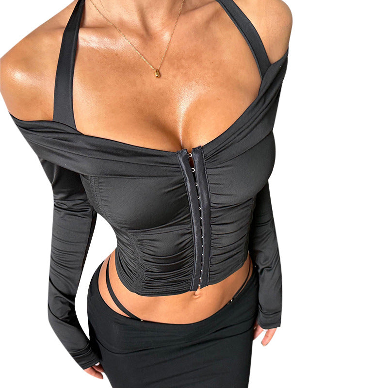 Damen tailliertes Off-Shoulder-Korsett-Top mit Raffung, Frontreißverschluss und Neckholder – Avérine