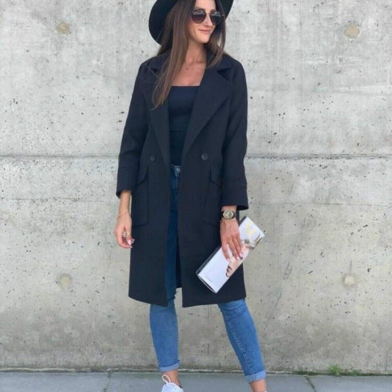 Damen Midilanger Wollmix Mantel im Clean-Cut mit Reverskragen und aufgesetzten Taschen – Montévia