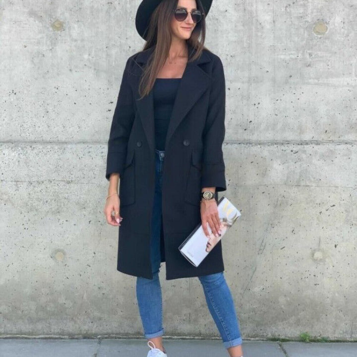 Damen Midilanger Wollmix Mantel im Clean-Cut mit Reverskragen und aufgesetzten Taschen – Montévia