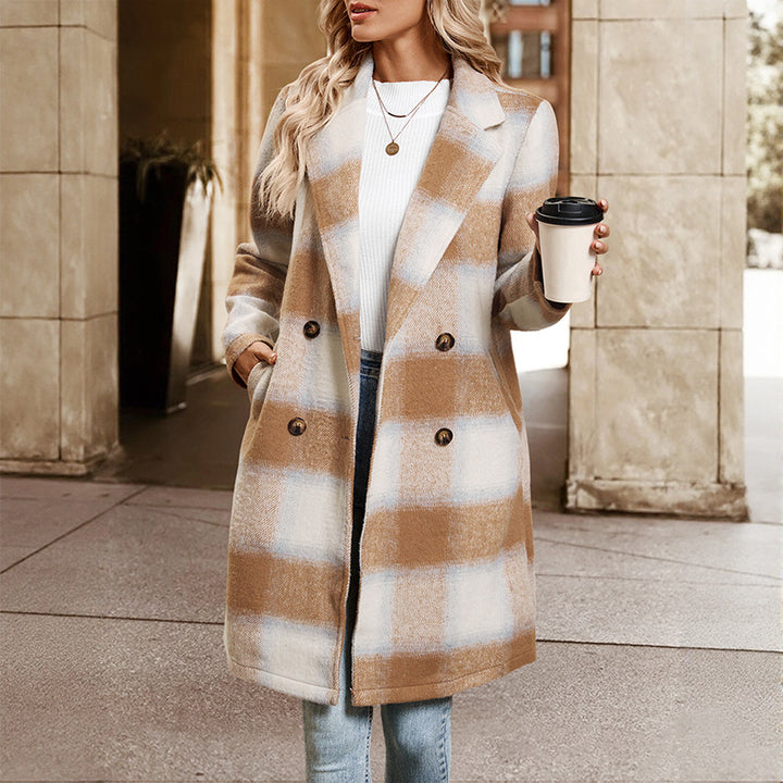 Damen Zweireihiger Wollmix-Mantel mit Oversize-Karos, Reverskragen und Eingrifftaschen Echoarchiv