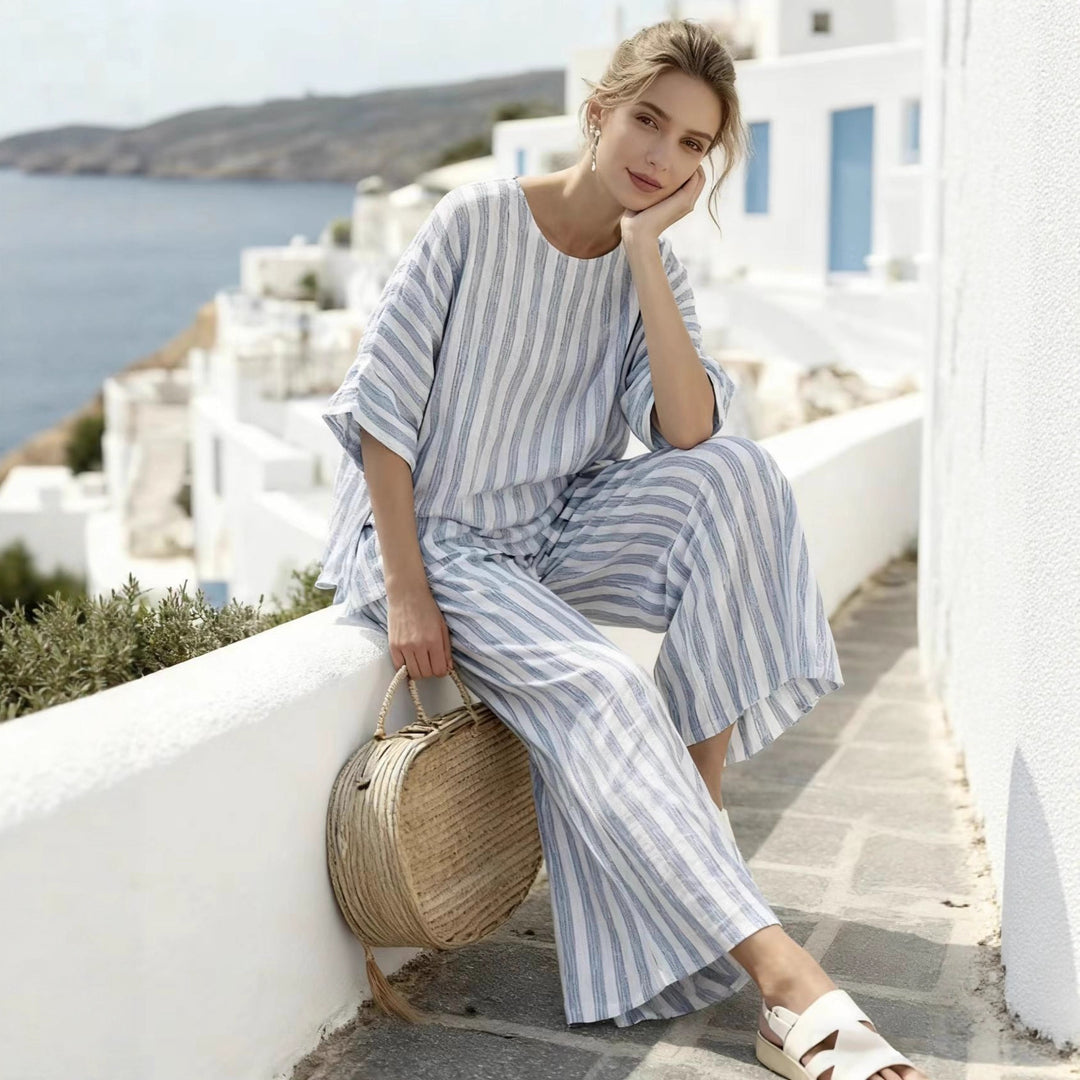 Damen Zweiteiliges gestreiftes Leinen‑Optik Lounge‑Set mit Oversize‑Bluse und High‑Waist Palazzo – Élanora