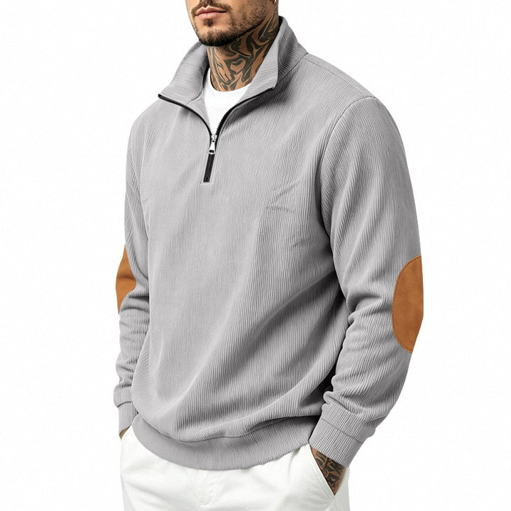 Herren Leichter Struktur-Halbzip-Pullover mit Cord‑Ellbogenpatches und Stehkragen Echoarchiv