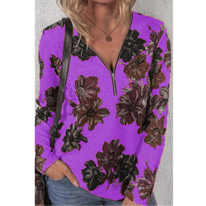 Damen lockeres V-Ausschnitt Longsleeve-Shirt mit kurzem Reißverschluss und floralem Allover-Druck – Orélia
