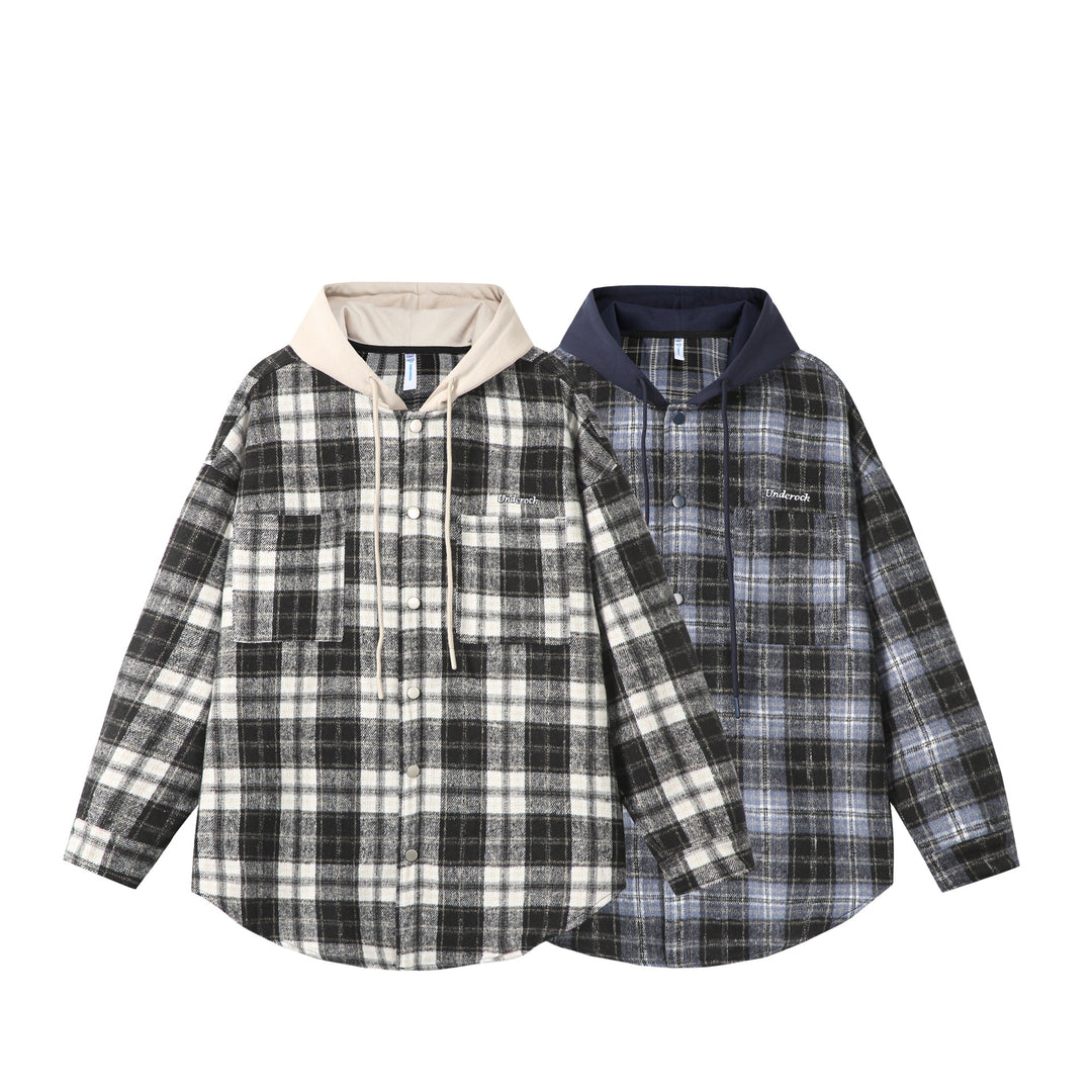 Unisex Oversized Karo-Hemdjacke mit Kapuze, Druckknöpfen und Brusttasche Echoarchiv