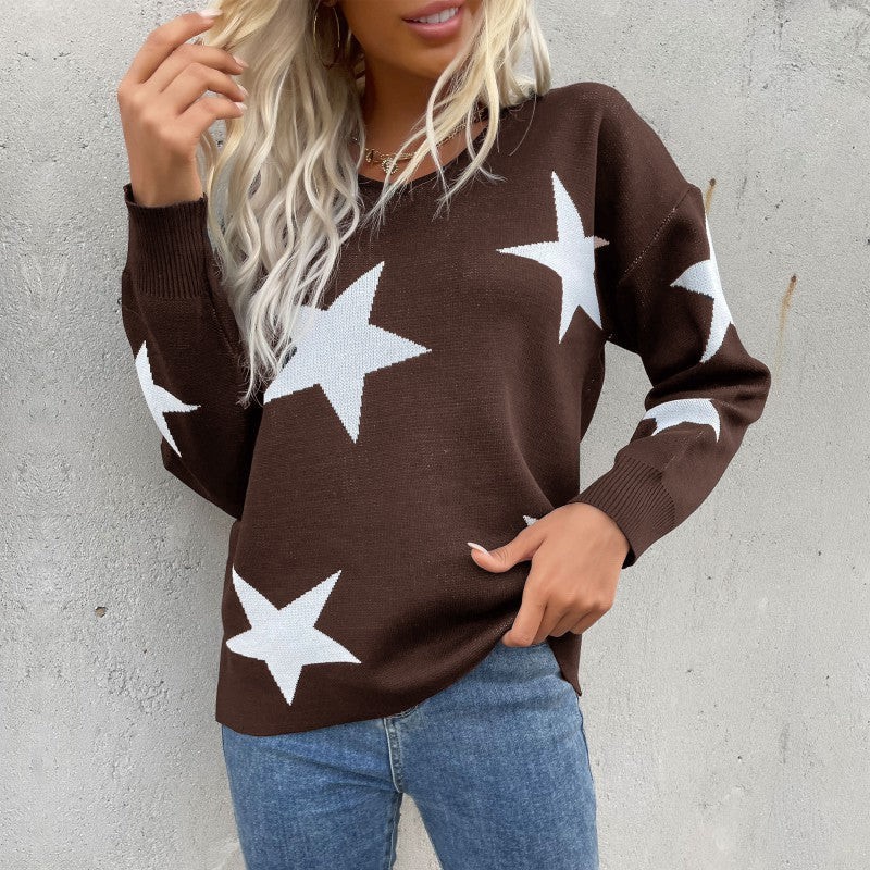 Damen Sternen-Feinstrickpullover mit V-Ausschnitt und lässiger Oversize-Passform Echoarchiv