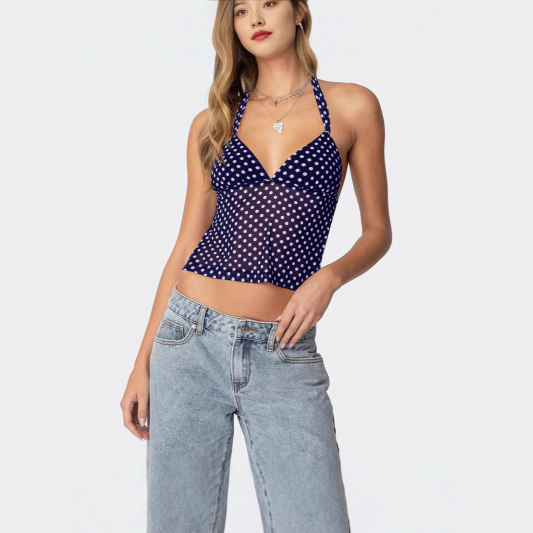 Damen luftiges Polka-Dots Oberteil mit tiefem V-Ausschnitt und Trägern Echo Archiv