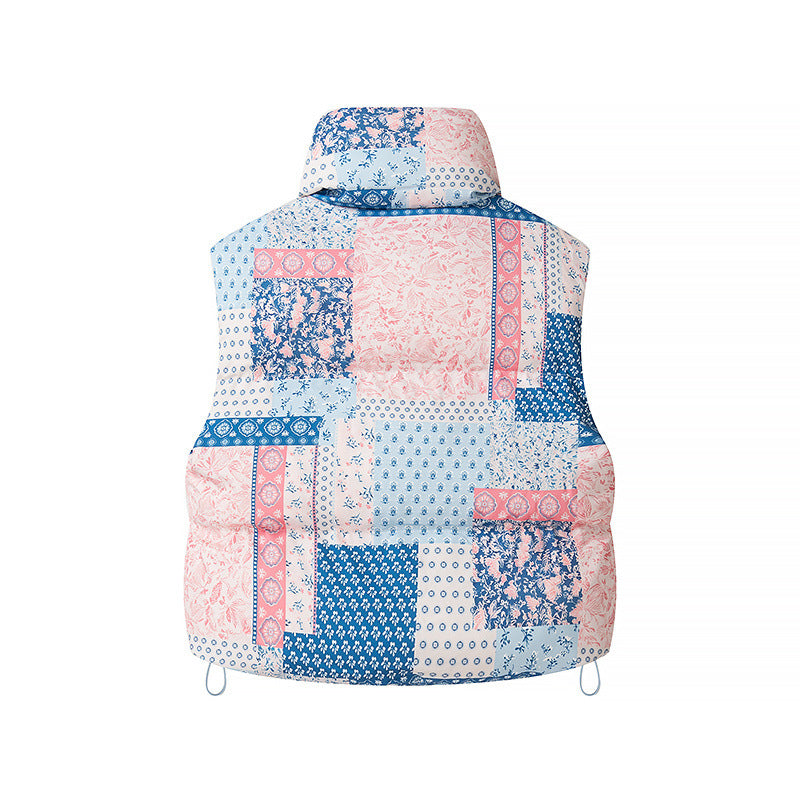 Damen gesteppte Weste mit floralem Allover-Print, hohem Stehkragen und verstellbarem Saum – Célinea