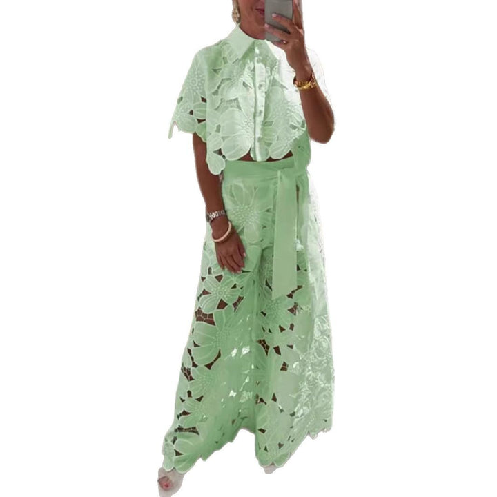 Damen nan zweiteiliges Spitzenensemble mit bauchfreier Bluse und weiter Palazzohose Echo Archiv