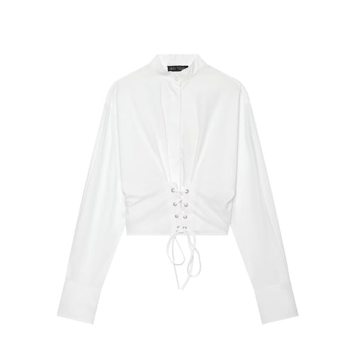 Damen Taillierte Cropped-Bluse mit Stehkragen, Schnürung und langen Manschetten Echo Archiv