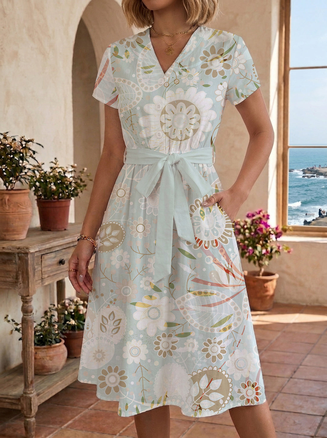 Damen Midikleid mit floralem Motiv und Taillengürtel Echo Archiv