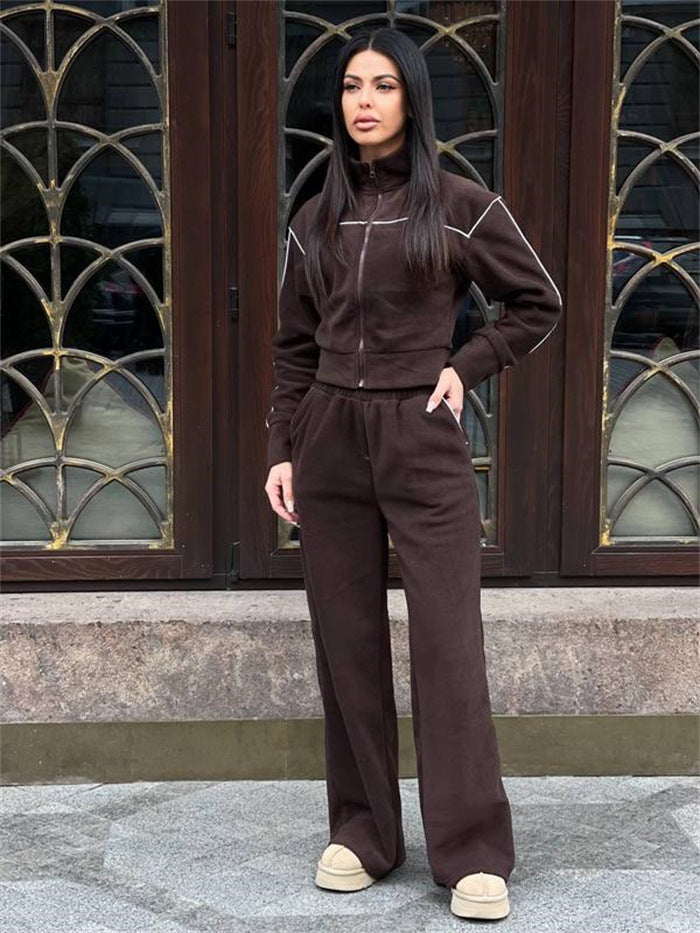 Damen Kurzgeschnittenes Zip-Oberteil mit lockerfallender High-Waist-Loungehose – Auréline