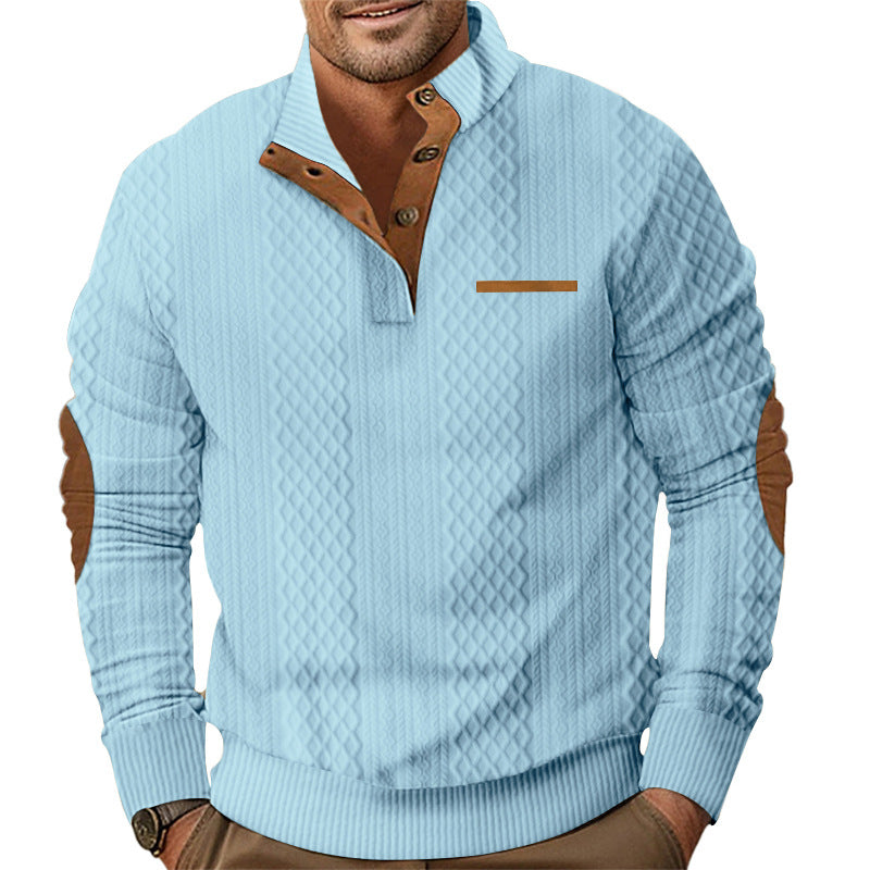 Herren nan strukturierter Strickpullover mit Stehkragen, Knopfleiste und Ellenbogenpatches Echo Archiv