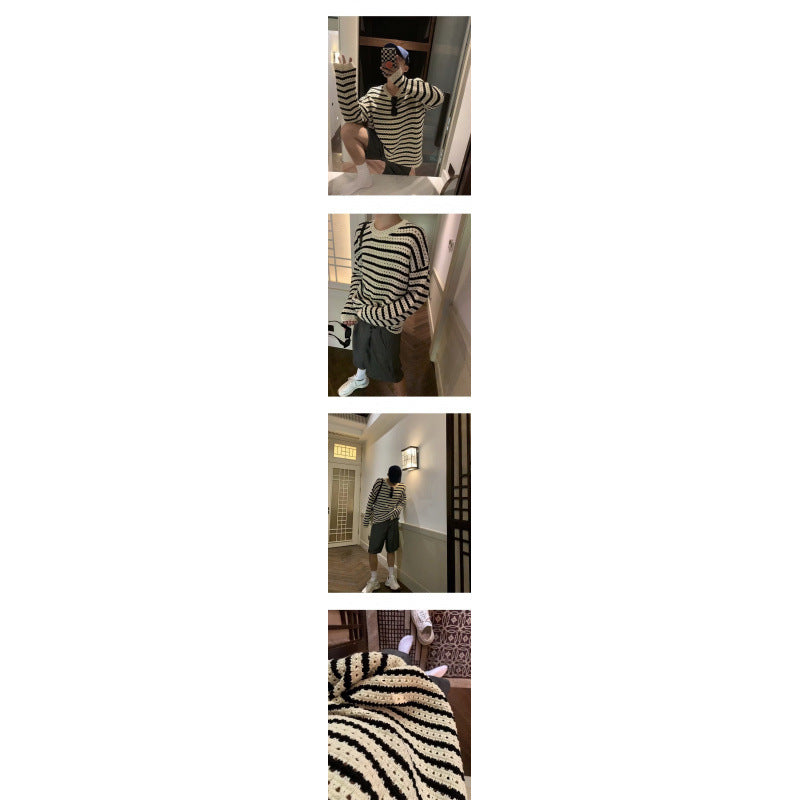 Unisex Grobgestrickter Oversized Ajour-Pullover mit Streifenmuster und V-Ausschnitt Echoarchiv
