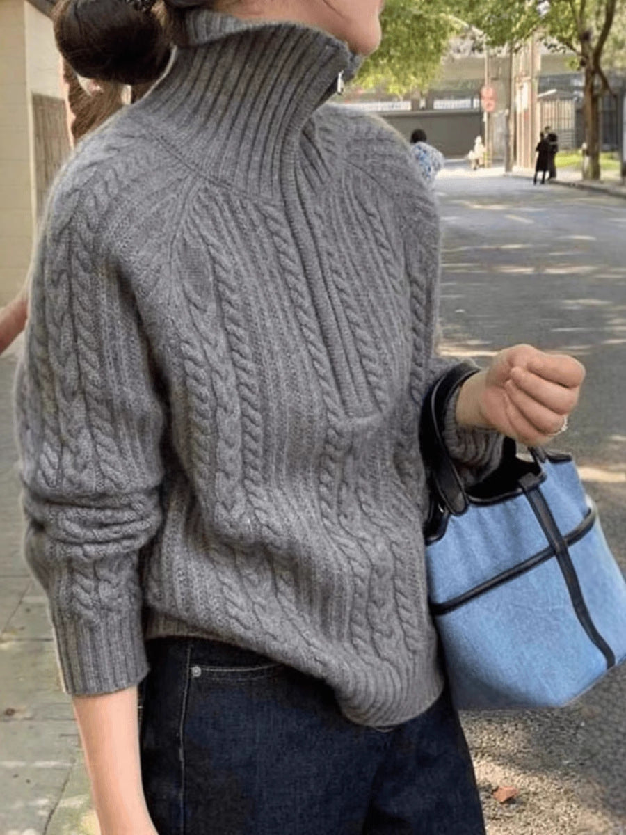 Damen Zopfstrick-Polokragenpullover mit Halbreißverschluss und weichem Mohair-Look Echoarchiv