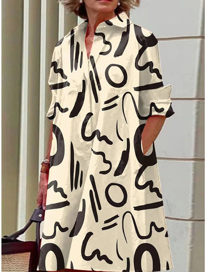 Damen nan A-Linien Hemdblusenkleid mit aufgekrempelten 3/4-Ärmeln und seitlichen Eingrifftaschen Echo Archiv