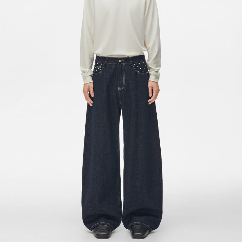 Unisex Ultraweite Palazzodenim-Hose mit Nietenbesetzten Eingrifftaschen und bodenlangem Saum Echo Archiv