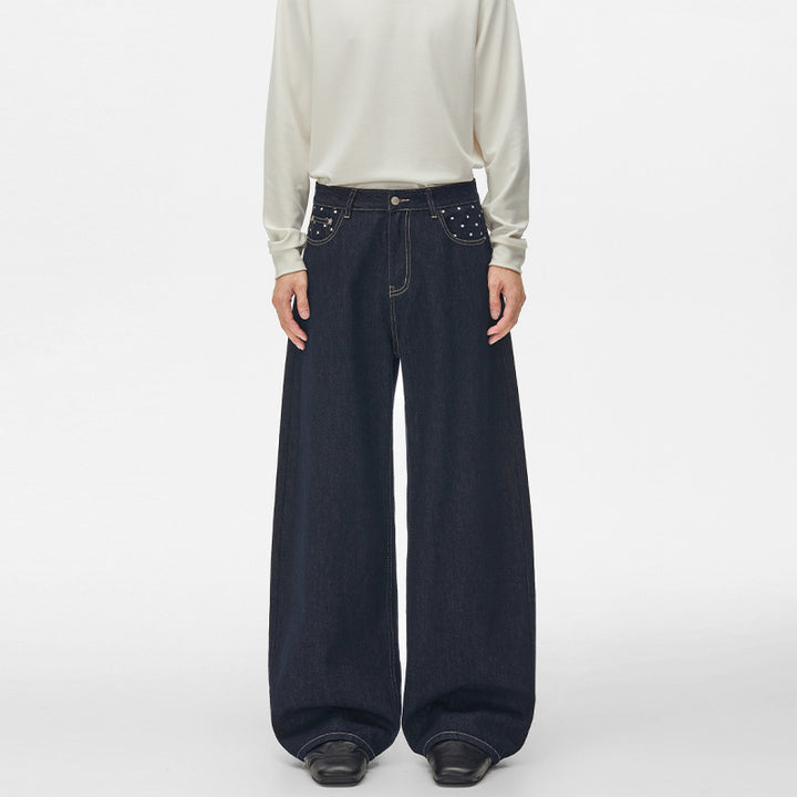 Unisex Ultraweite Palazzodenim-Hose mit Nietenbesetzten Eingrifftaschen und bodenlangem Saum Echo Archiv