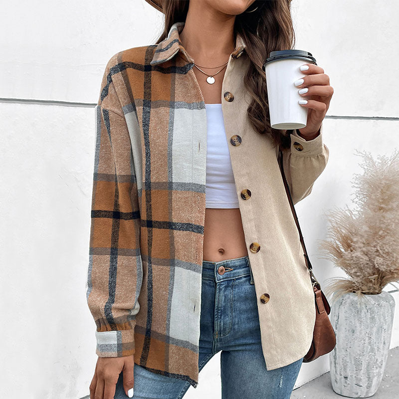 Damen Oversize‑Hemdjacke mit zweigeteilter Karo‑ und Uni‑Optik und Knopfleiste Echoarchiv