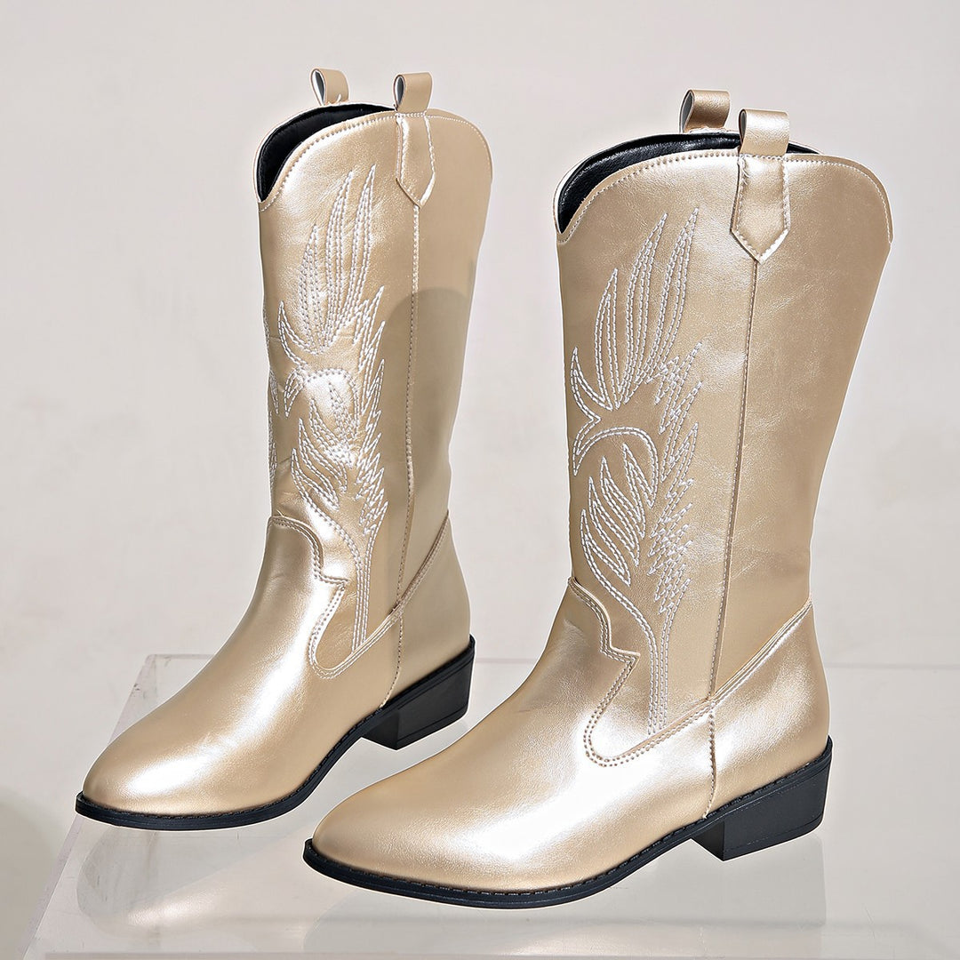 Damen Cowgirl-Kniehoher Stiefel mit dekorativer Stickerei, Pull‑Tabs und komfortablem Blockabsatz Echo Archiv