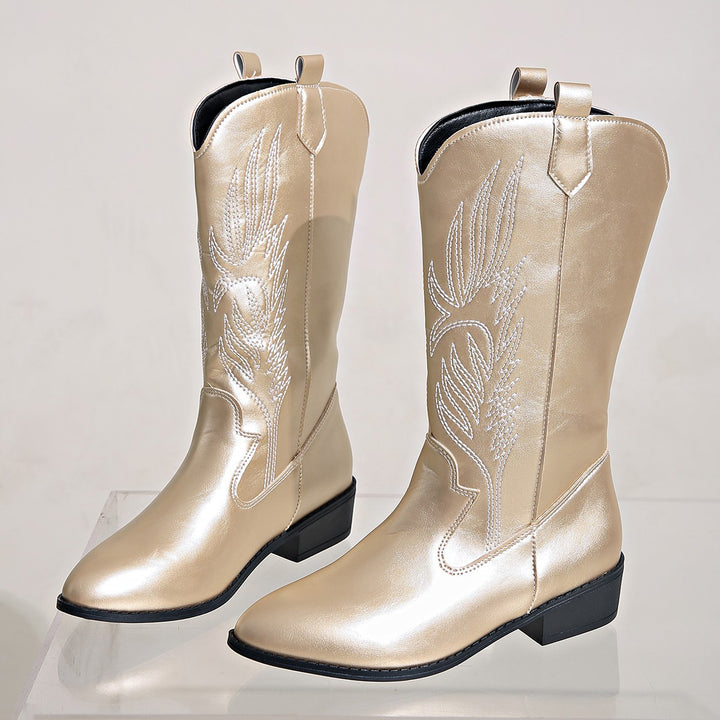 Damen Cowgirl-Kniehoher Stiefel mit dekorativer Stickerei, Pull‑Tabs und komfortablem Blockabsatz Echo Archiv
