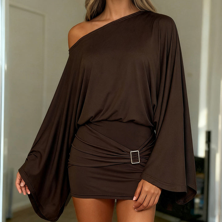 Damen Asymmetrisches Drapiertes One-Shoulder-Top mit Wasserfallärmeln und Taillengürtel Echo Archiv