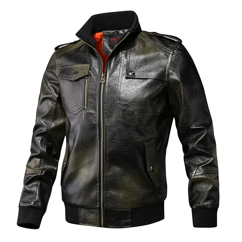 Herren Kunstleder-Flightjacke mit Brust- und Reißverschlusstaschen, Stehkragen und Rippbündchen – Taviero