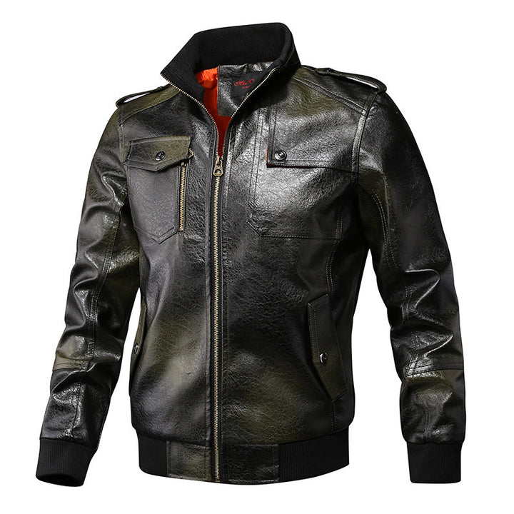 Herren Kunstleder-Flightjacke mit Brust- und Reißverschlusstaschen, Stehkragen und Rippbündchen – Taviero
