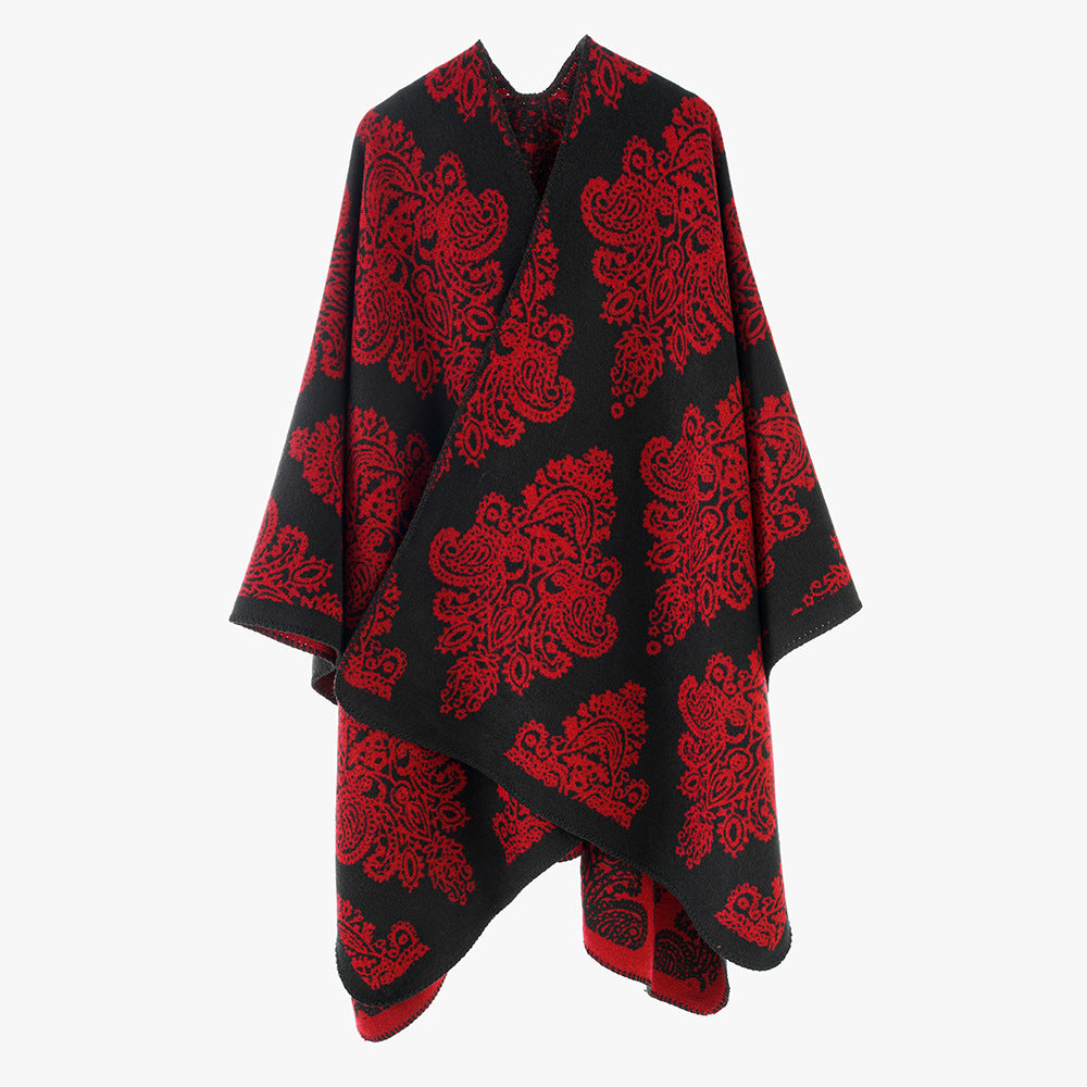 Damen Wollmix-Capeponcho mit beidseitigem Jacquard‑Paisley und kontrastierter Rollkante – Montévia
