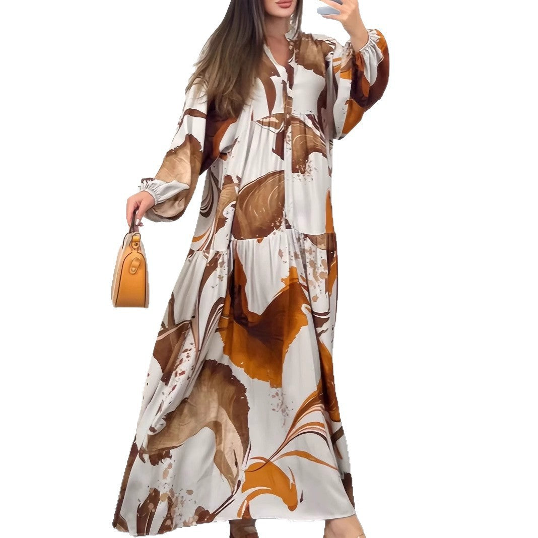 Damen Fließendes Maxikleid mit Stufenrock, überschnittenen Ballonärmeln und Stehkragen – Valéora